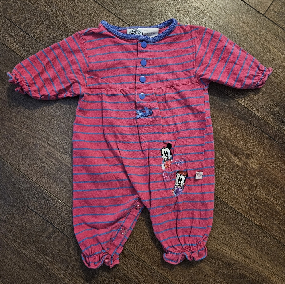 Vintage Baby Mickey Pink and Purple Striped One Piece Outfit- Size 3-6 Month-90s